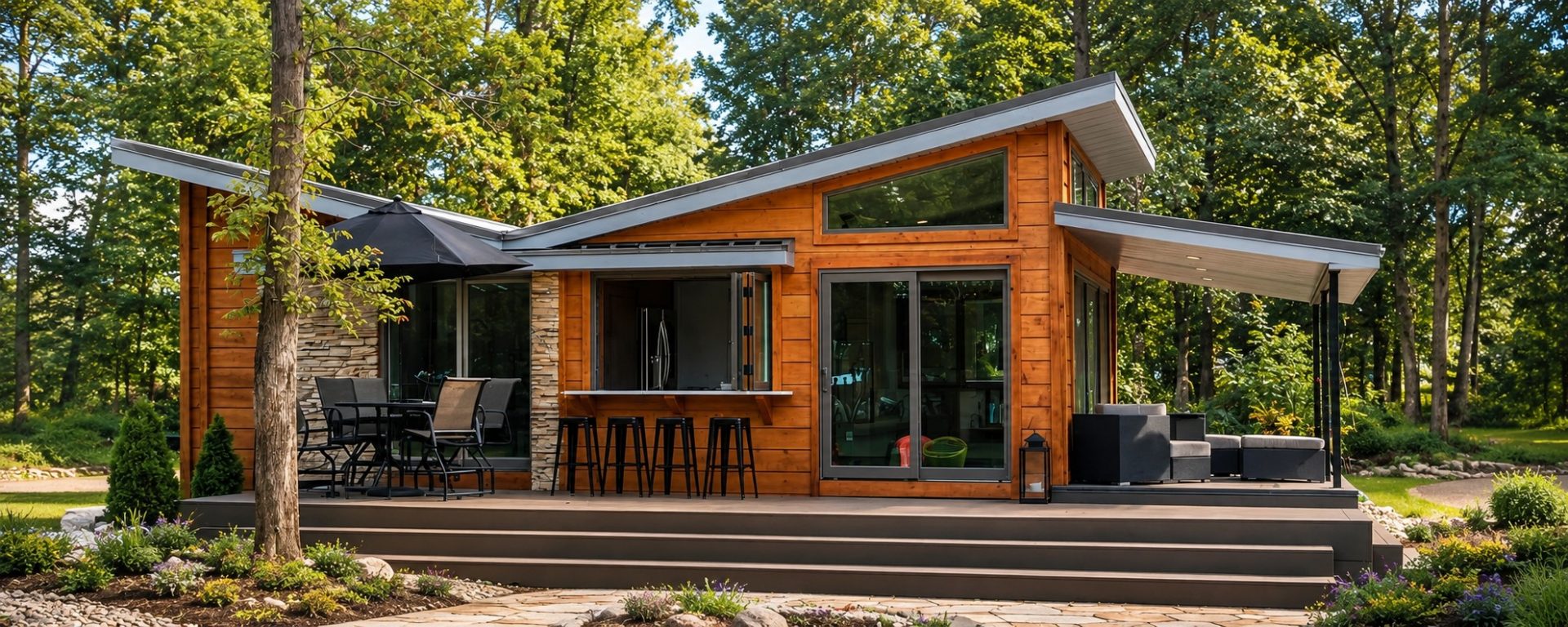 Mountain tiny home featuring a striking roofline, expansive glass, and premium craftsmanship.