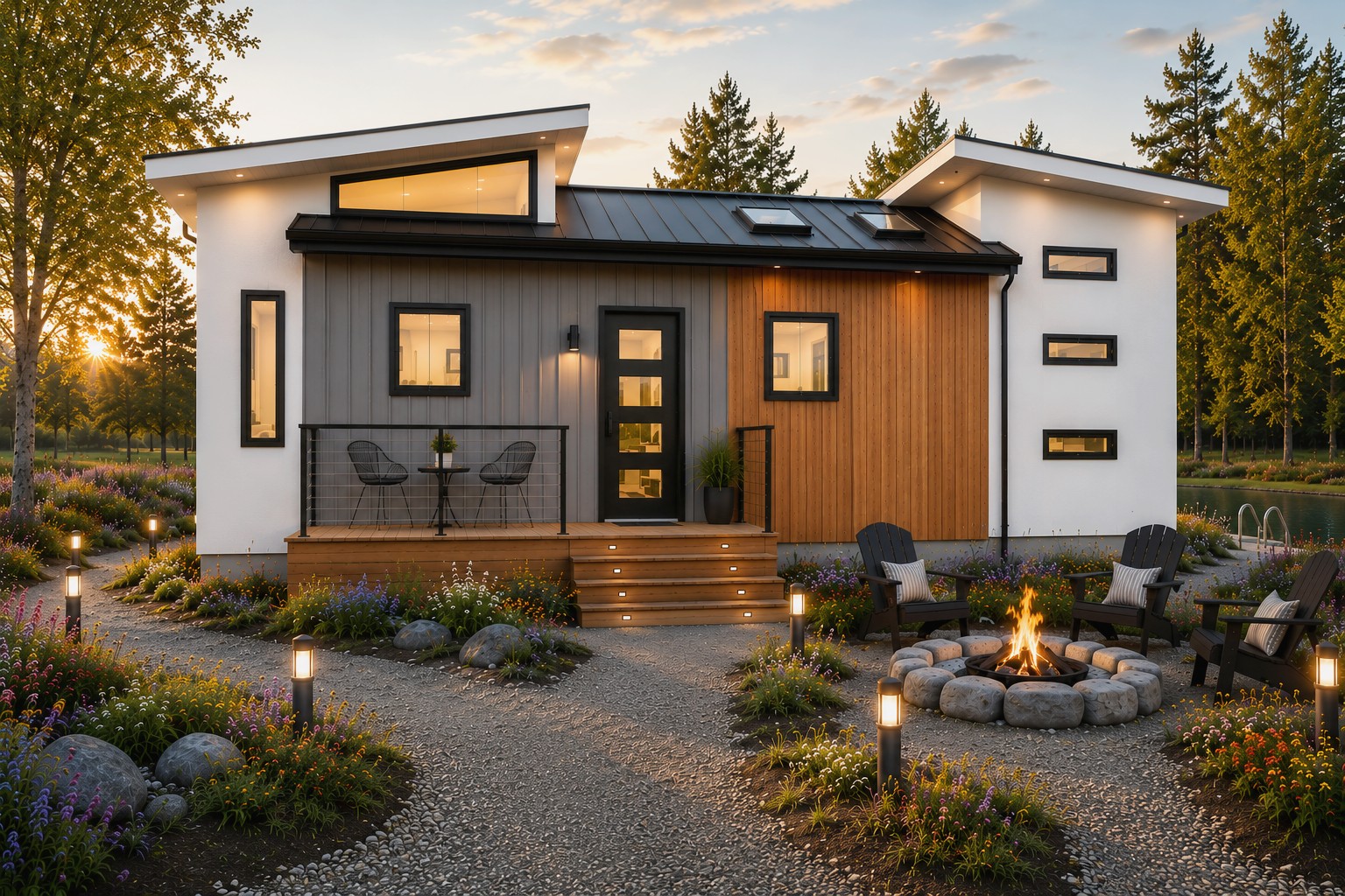 Luxury modern farmhouse with bold architectural lines, cathedral ceilings, and an optional rooftop deck by Utopian Villas.