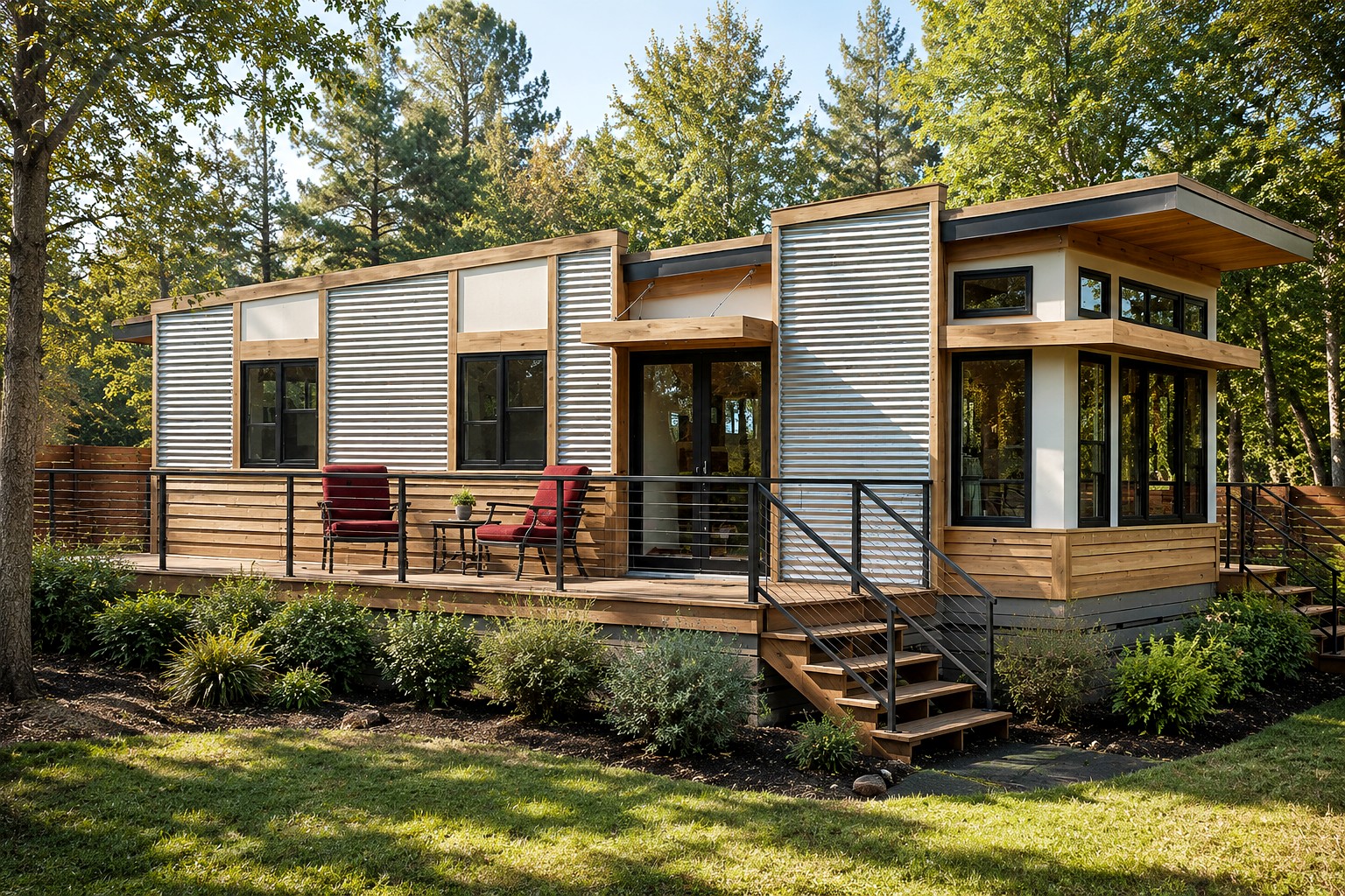 The Magnolia one bedroom tiny home featuring a large bedroom with space for a king-size bed.