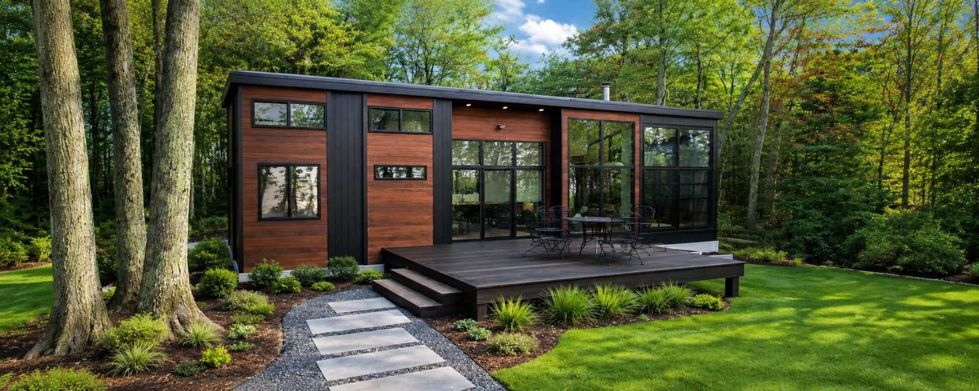 The Zion Scandinavian tiny home with a mono-slope roof, dramatic walls of glass, and seamless indoor-outdoor living.