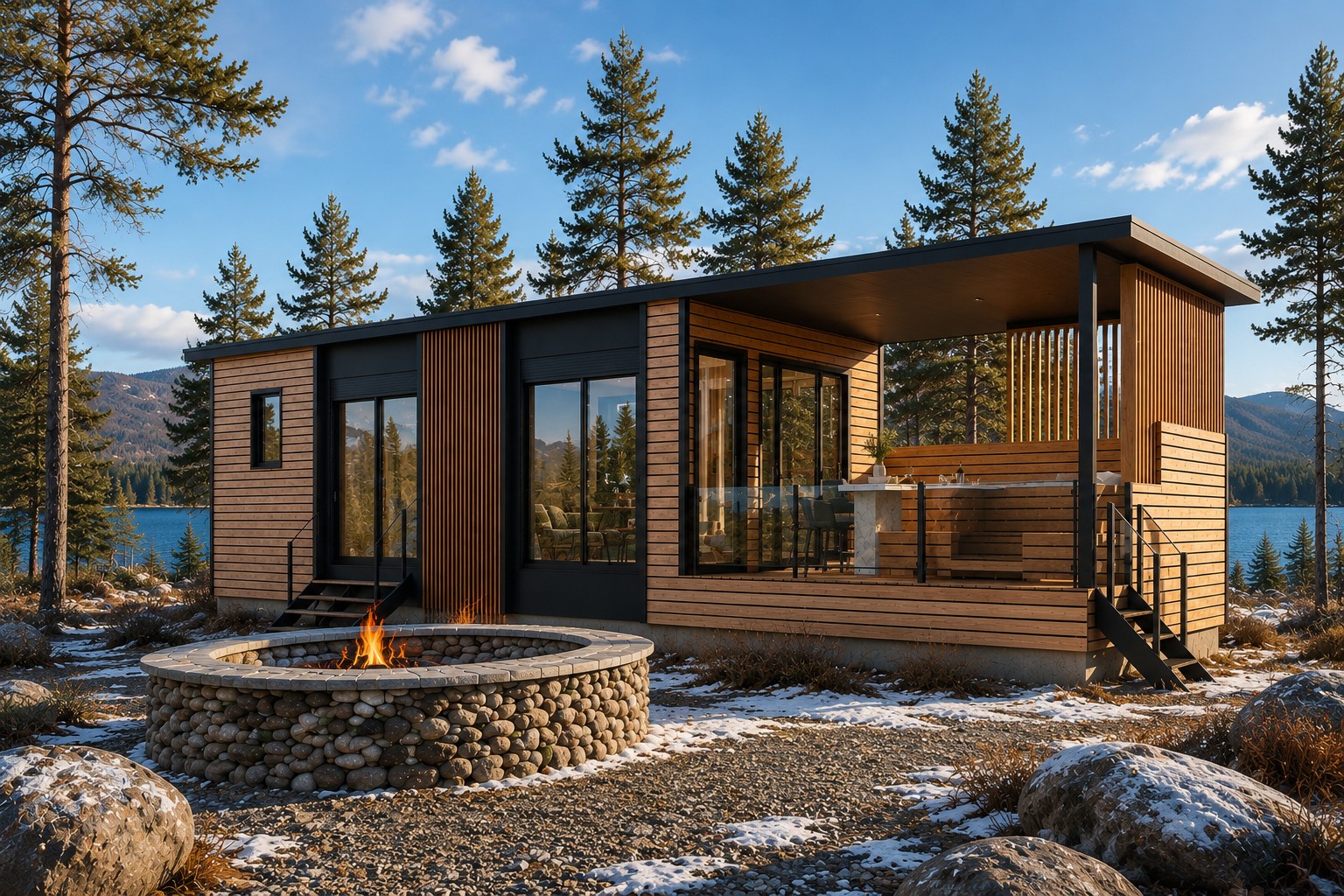 Modern open-concept tiny home with expansive windows, vaulted ceilings, and luxury craftsmanship.