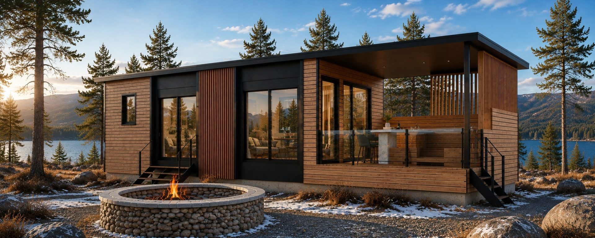 Modern open-concept tiny home with expansive windows, vaulted ceilings, and luxury craftsmanship.
