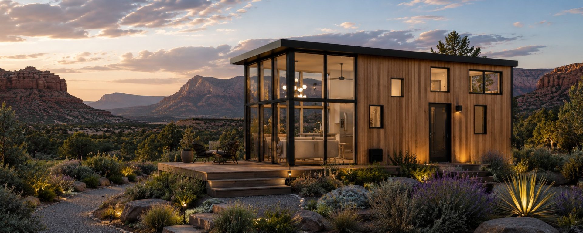 Contemporary tiny home with dramatic floor-to-ceiling windows, modern architecture, and panoramic views.