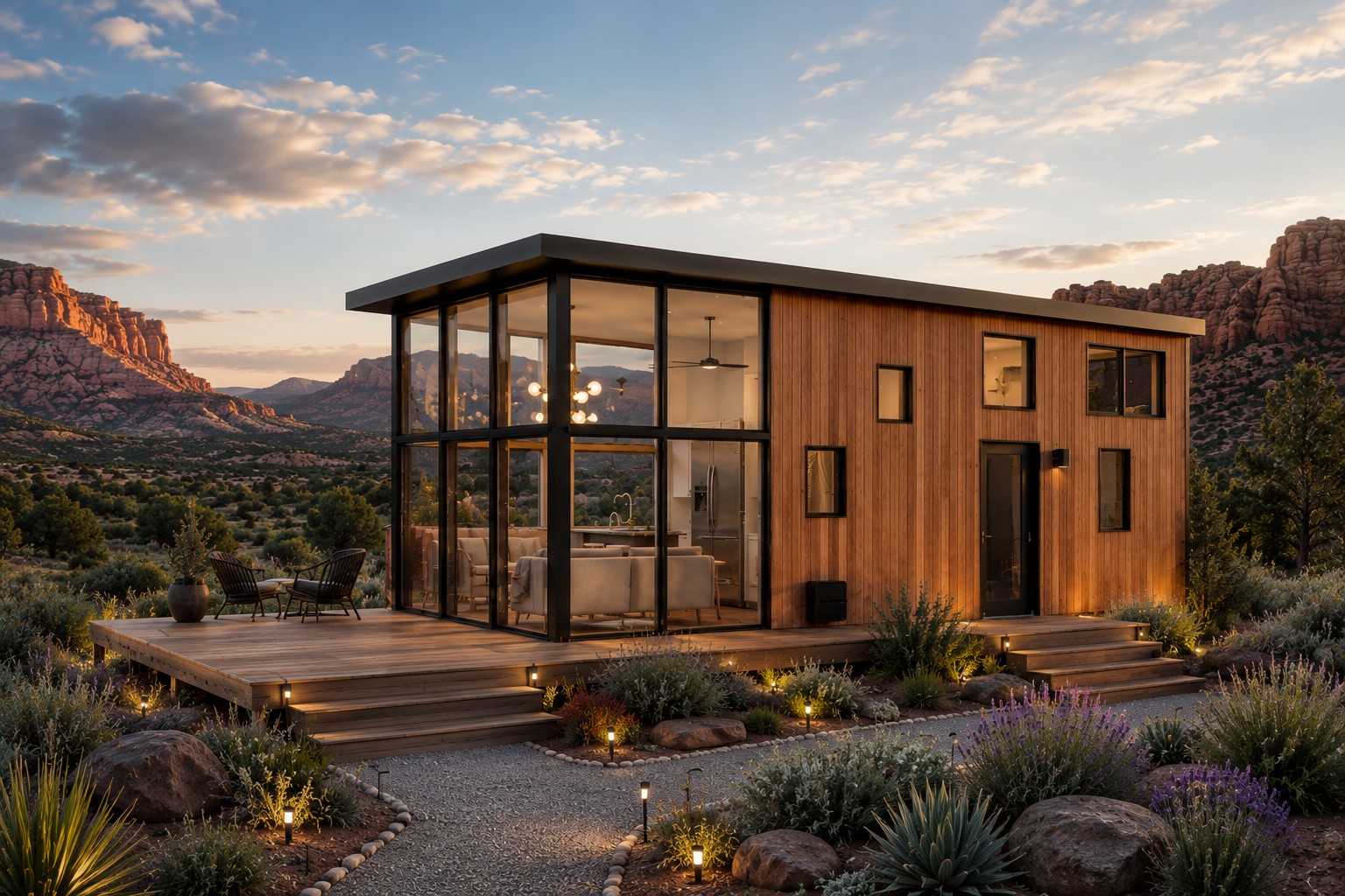 Contemporary tiny home with dramatic floor-to-ceiling windows, modern architecture, and panoramic views.