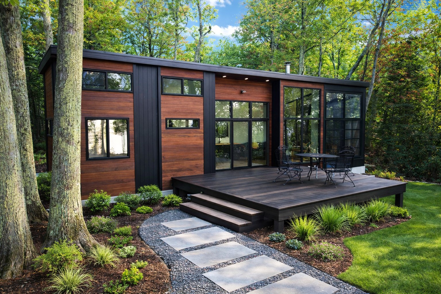 The Zion Scandinavian tiny home with a mono-slope roof, dramatic walls of glass, and seamless indoor-outdoor living.