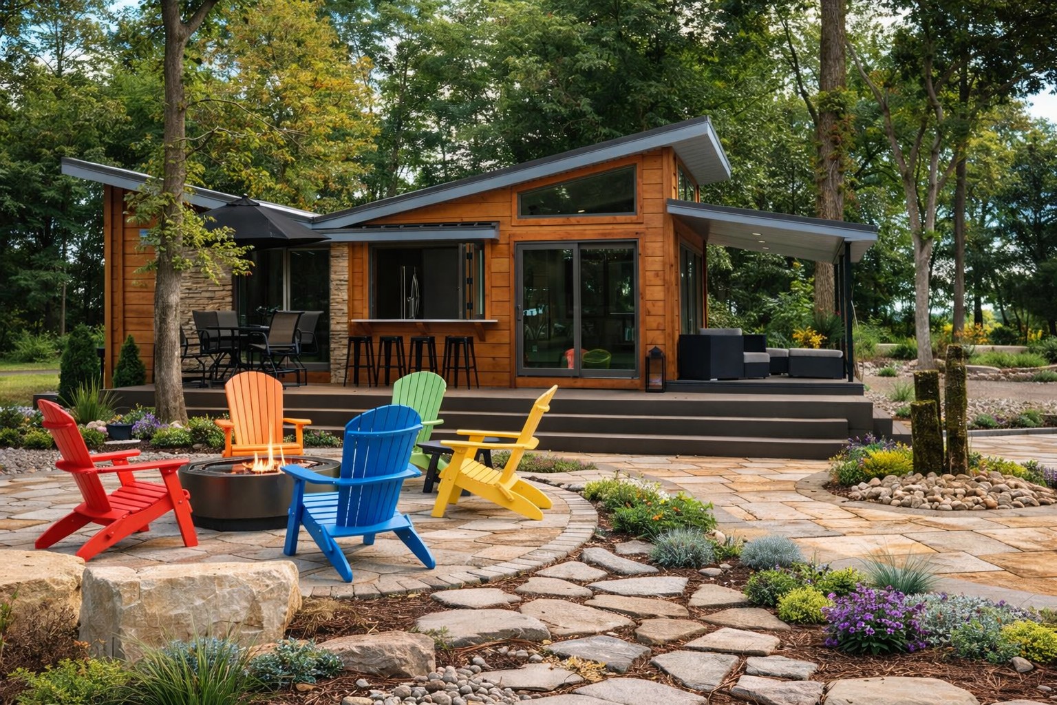 Mountain tiny home featuring a striking roofline, expansive glass, and premium craftsmanship.